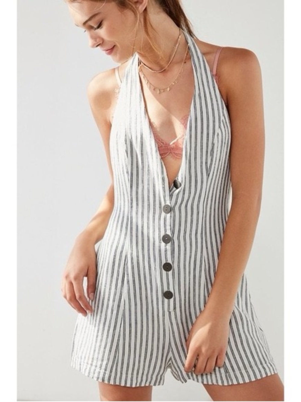 UO Striped Halter Button-Front Romper in White and Beige